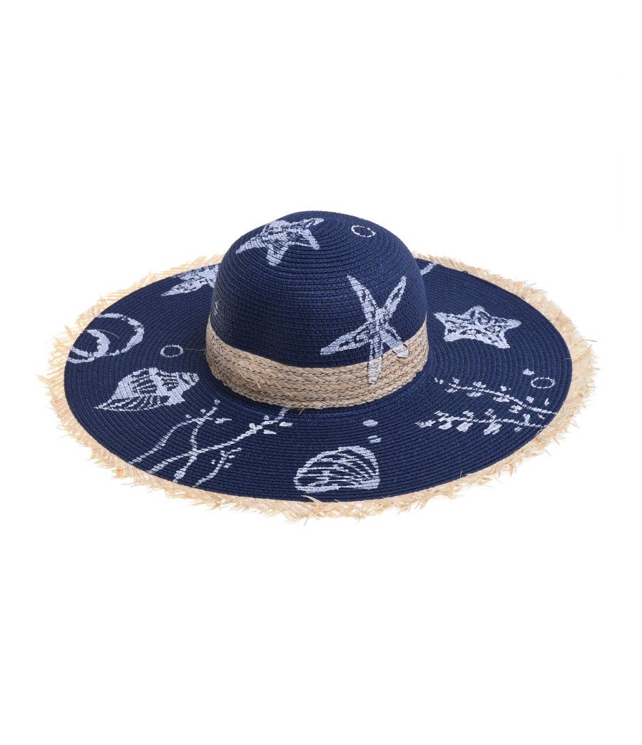 Cappello paglia colore blu con stampa marina colore bianco