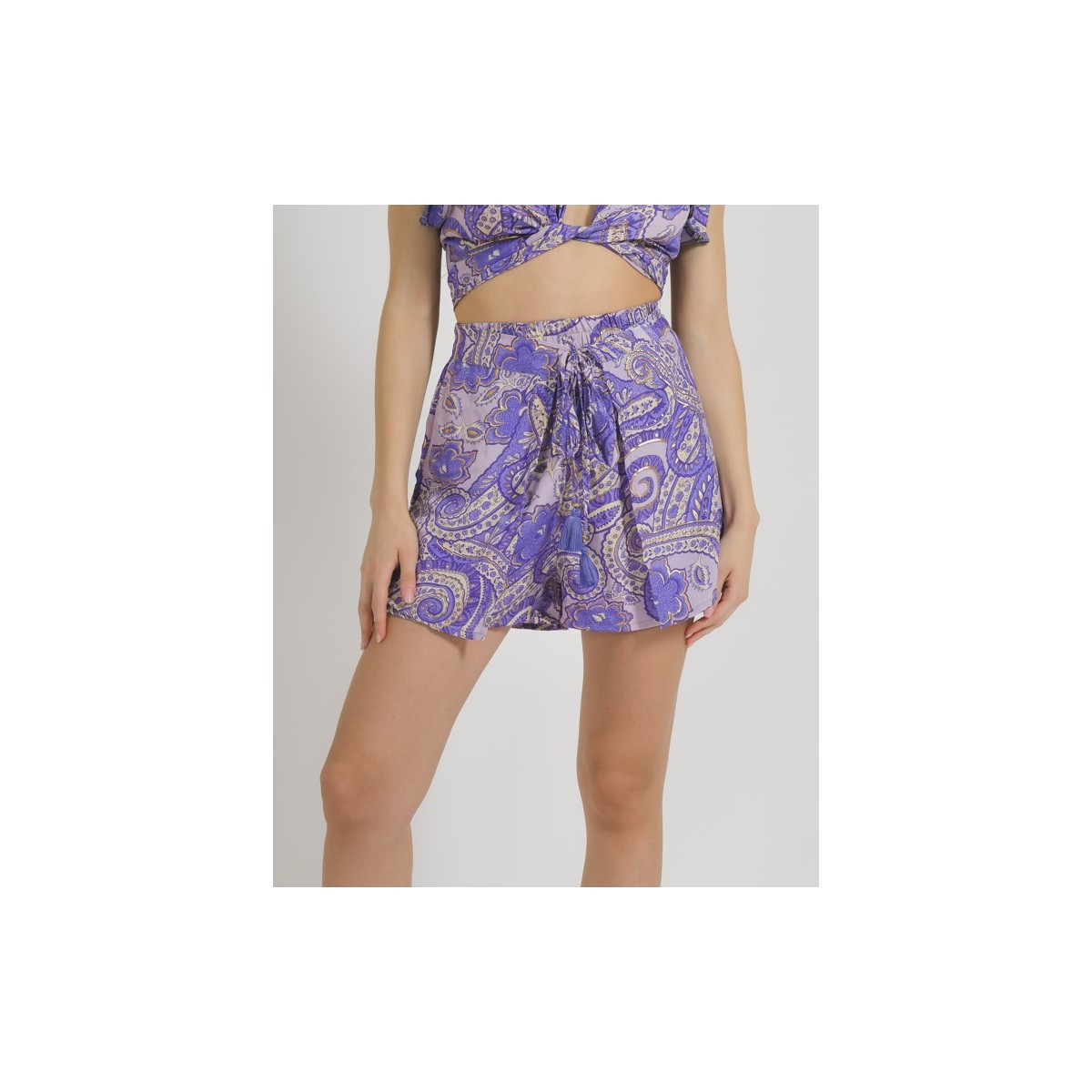 Short viola con disegni oro 100%crepe