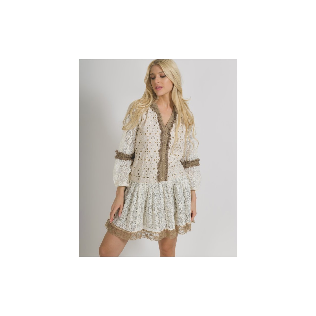 Abito-Kaftano con Pizzo-Beige-One Size