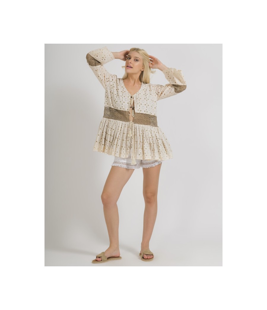 Blusa/Kimono Cotone e Pizzo Sangallo -Beige-One Size