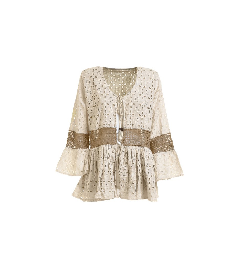 Blusa/Kimono Cotone e Pizzo Sangallo -Beige-One Size