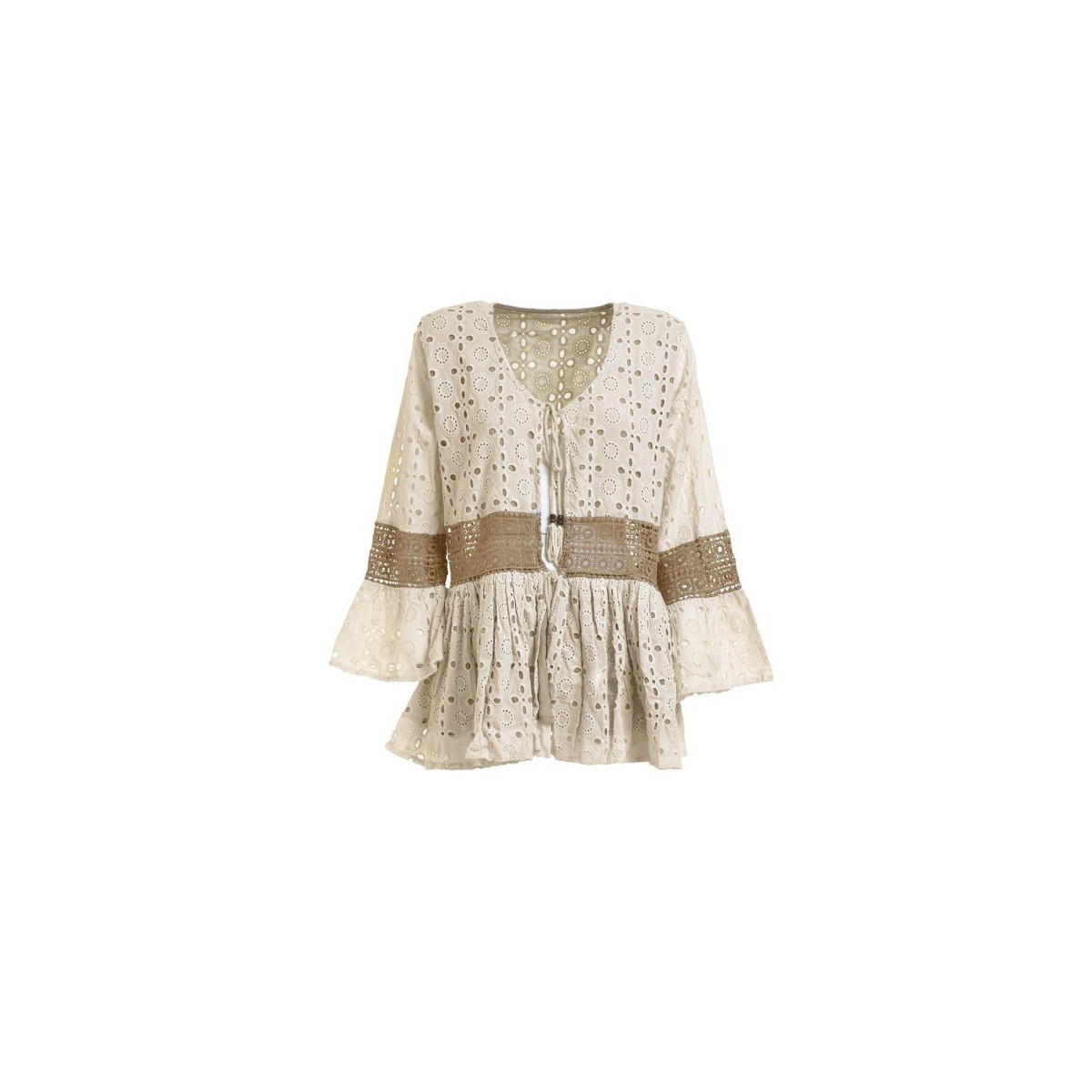 Blusa/Kimono Cotone e Pizzo Sangallo -Beige-One Size