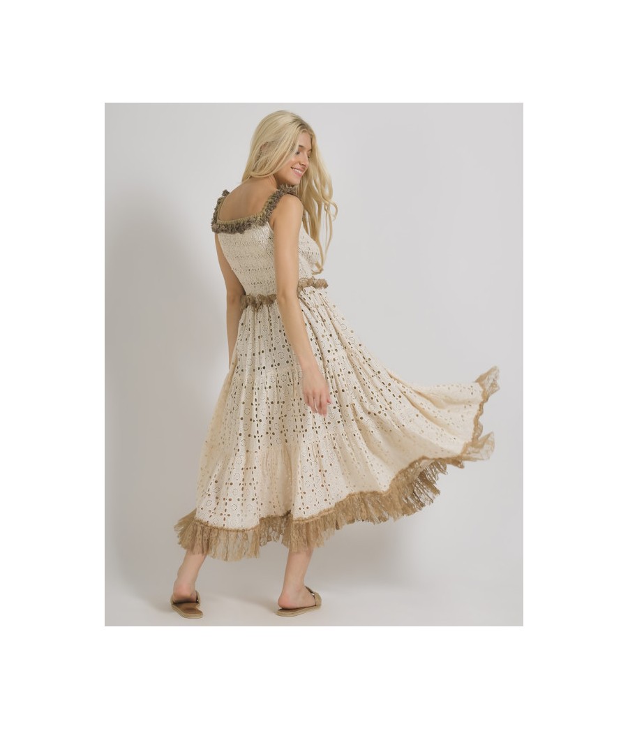 Abito Lungo con Pizzo Colore Beige/Fango.One Size