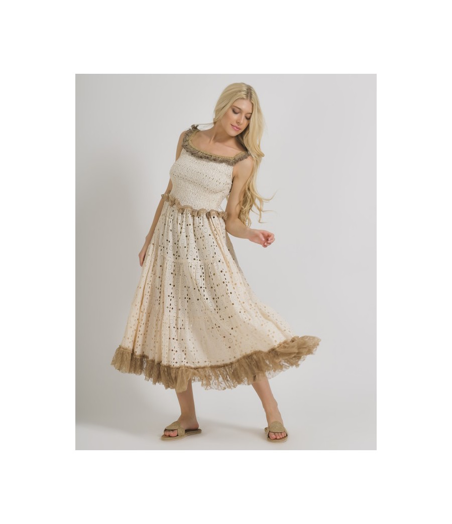 Abito Lungo con Pizzo Colore Beige/Fango.One Size