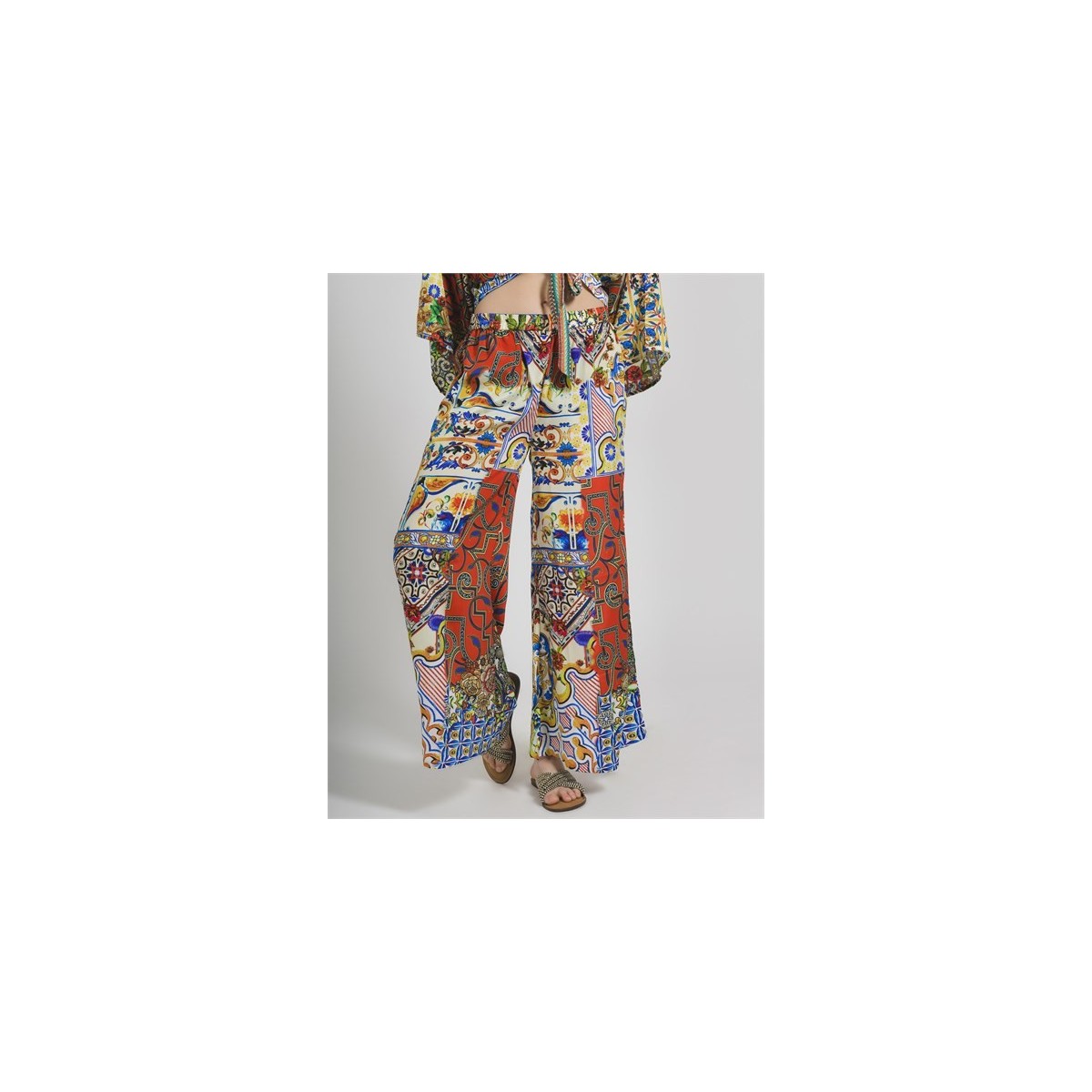 Set Pantaloni/Blusa in Crepe 100%-Fantasia Giallo/Rosso-One Size