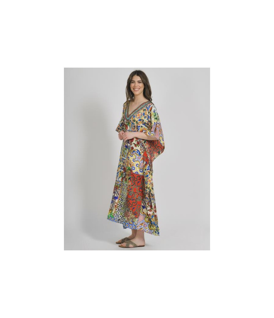 Long Kaftan in Yellow/Red Color with Prints (100%Crepe)