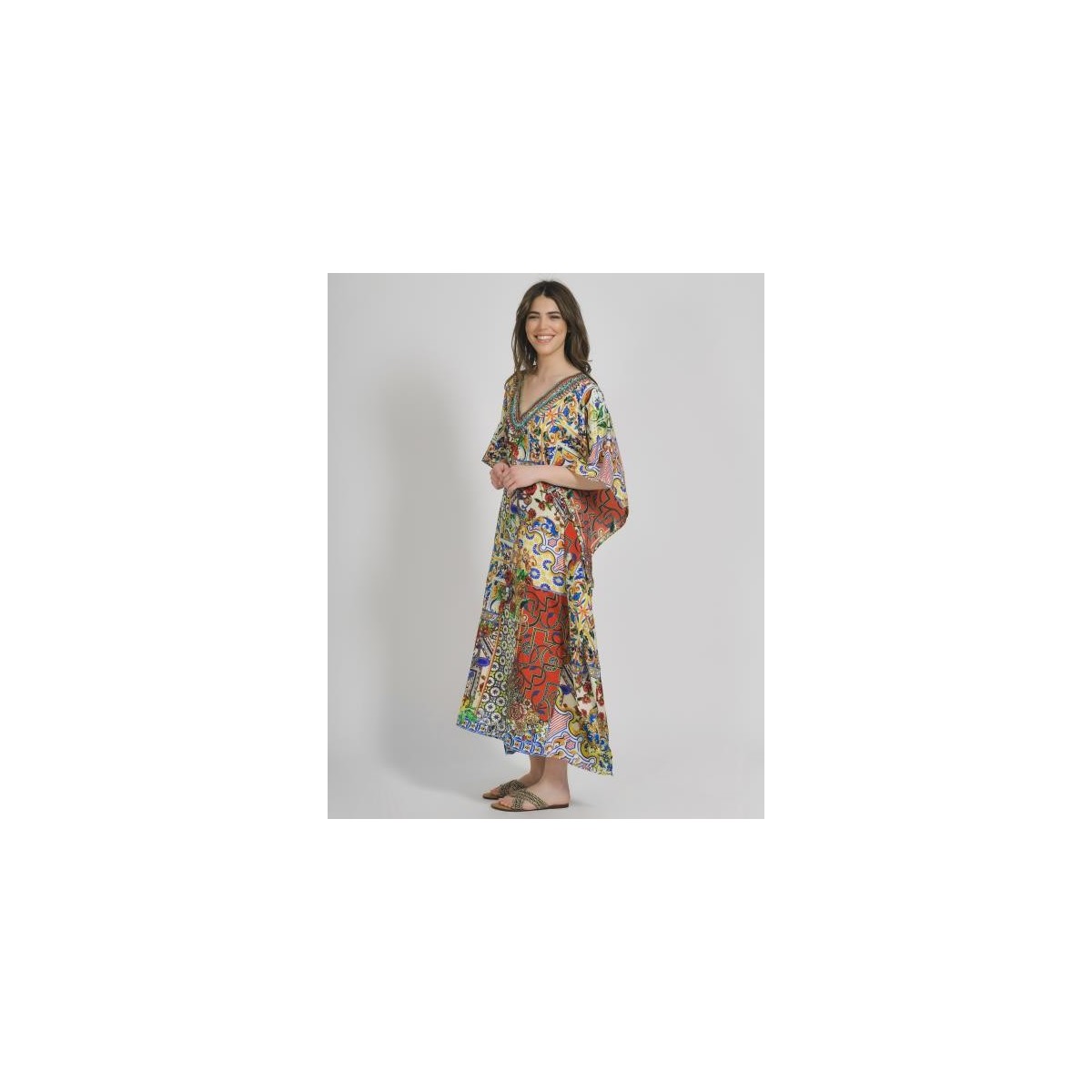 Long Kaftan in Yellow/Red Color with Prints (100%Crepe)