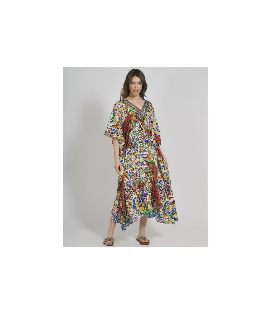 Long Kaftan in Yellow/Red Color with Prints (100%Crepe)