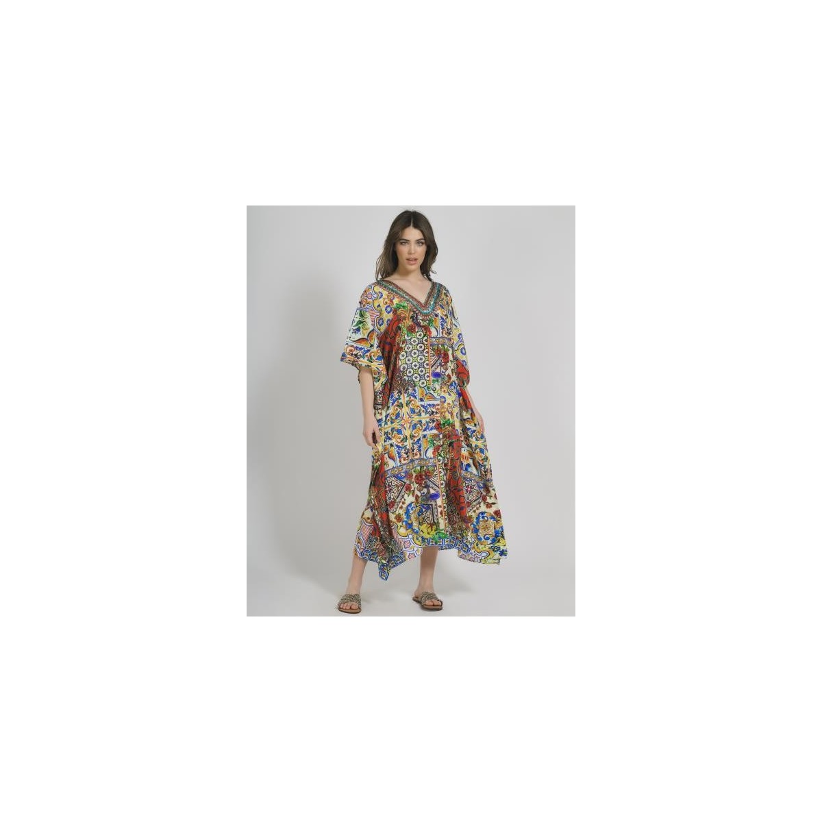 Long Kaftan in Yellow/Red Color with Prints (100%Crepe)