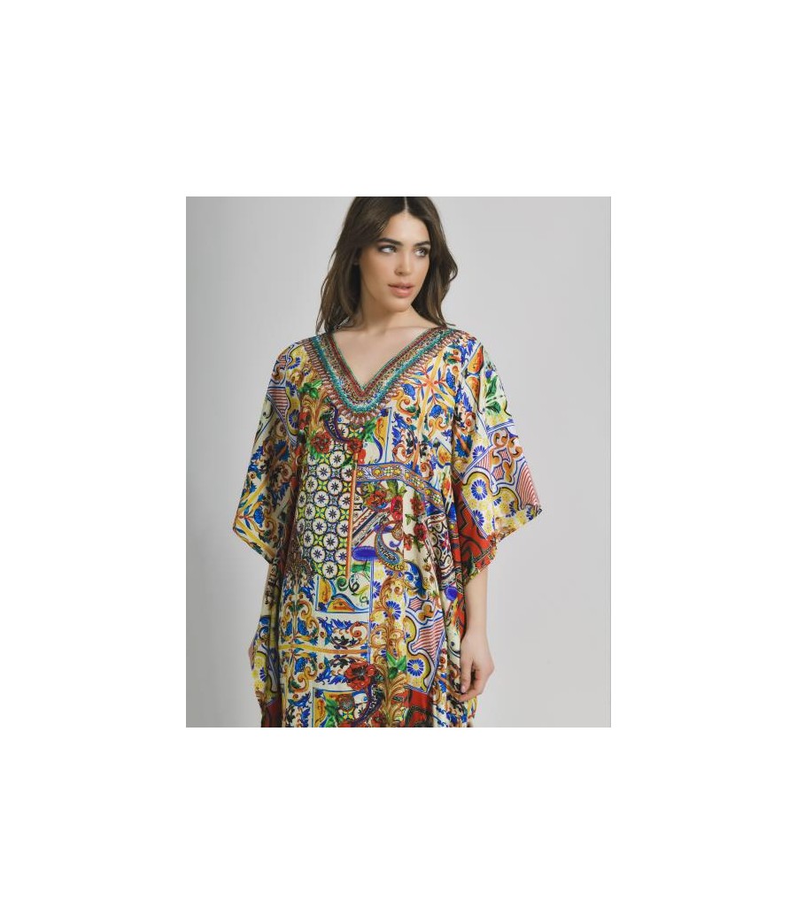 Long Kaftan in Yellow/Red Color with Prints (100%Crepe)