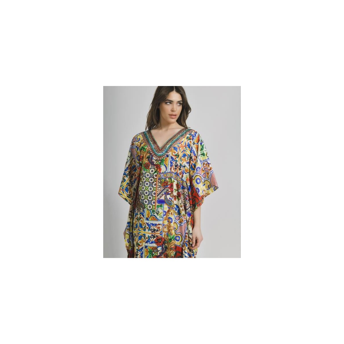 Long Kaftan in Yellow/Red Color with Prints (100%Crepe)