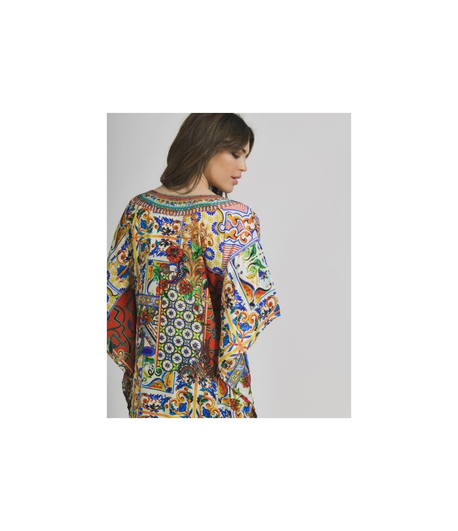 Long Kaftan in Yellow/Red Color with Prints (100%Crepe)