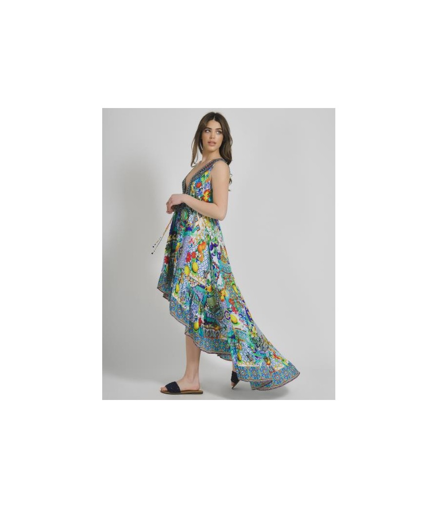 Sleevless Asymmetric Dress Multicolor with Prints One Size(100%Crepe)