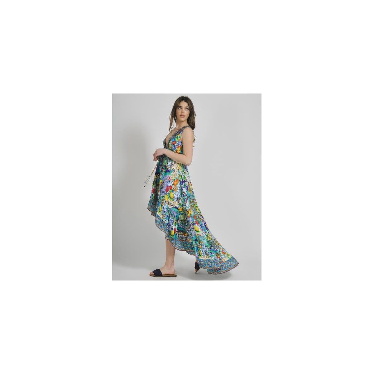 Sleevless Asymmetric Dress Multicolor with Prints One Size(100%Crepe)