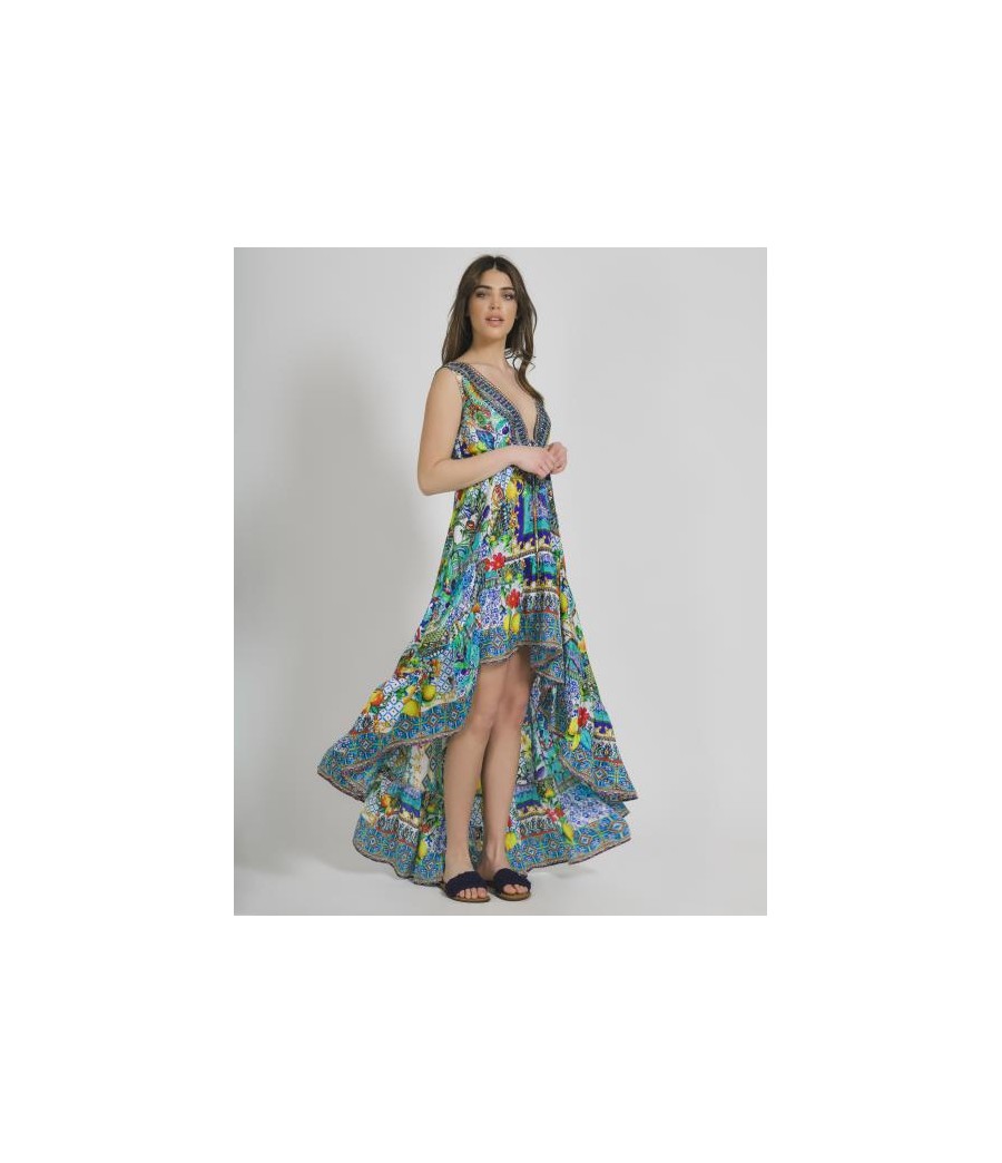 Sleevless Asymmetric Dress Multicolor with Prints One Size(100%Crepe)