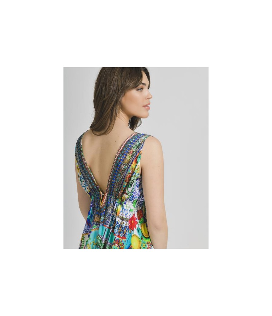 Sleevless Asymmetric Dress Multicolor with Prints One Size(100%Crepe)