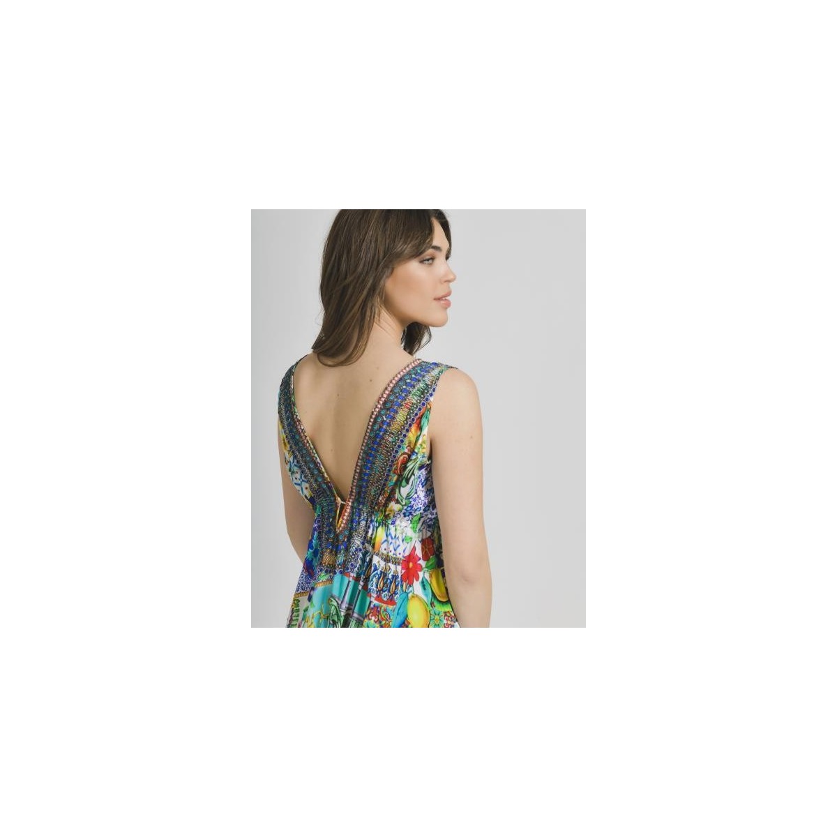 Sleevless Asymmetric Dress Multicolor with Prints One Size(100%Crepe)