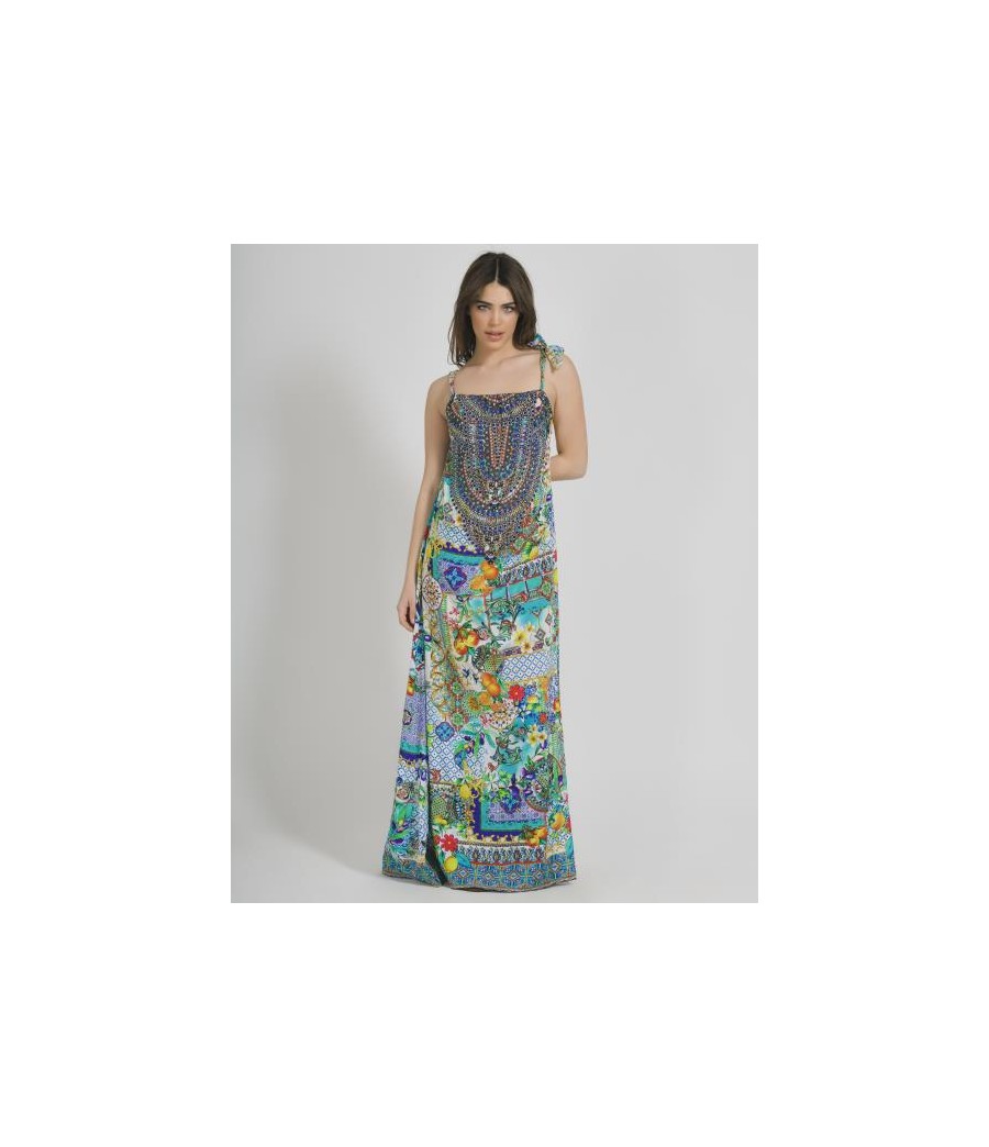 Long Sleeveless Dress Multicolor One Size ( 100% Crepe)