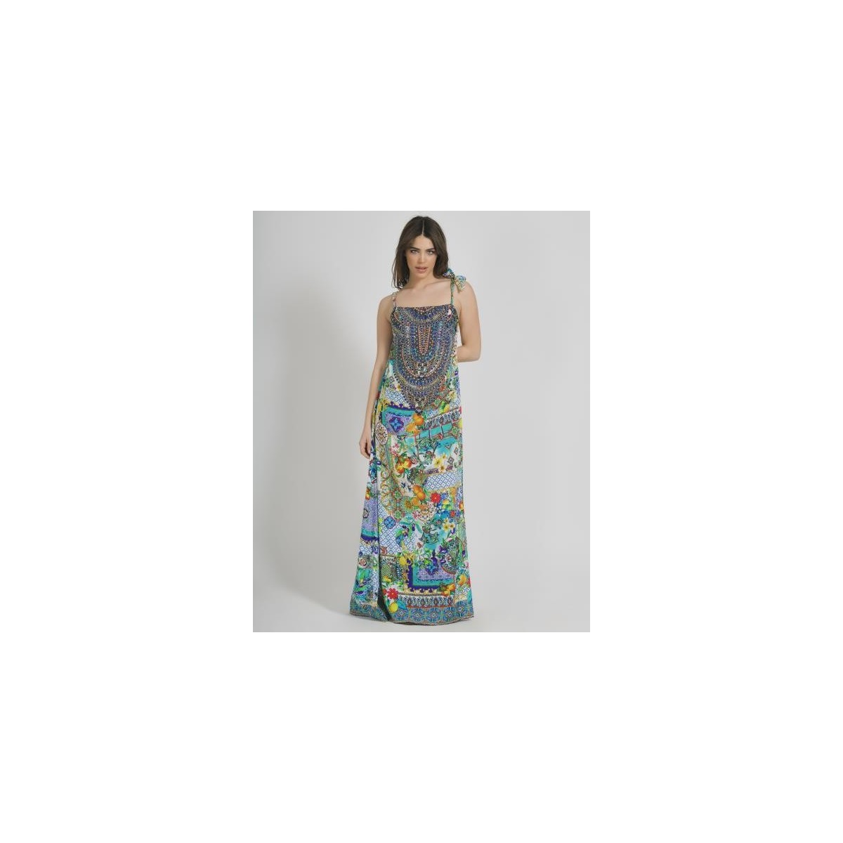 Long Sleeveless Dress Multicolor One Size ( 100% Crepe)