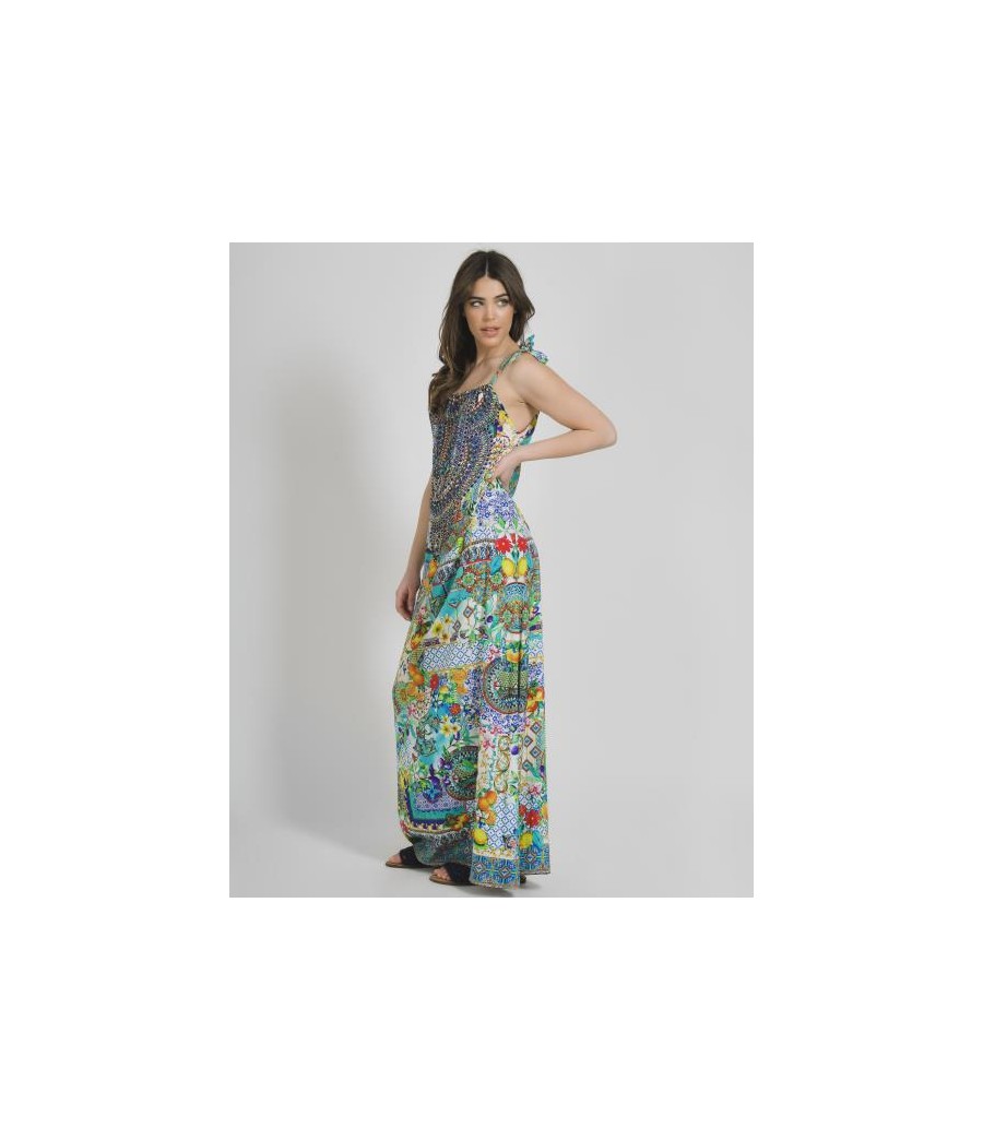 Long Sleeveless Dress Multicolor One Size ( 100% Crepe)