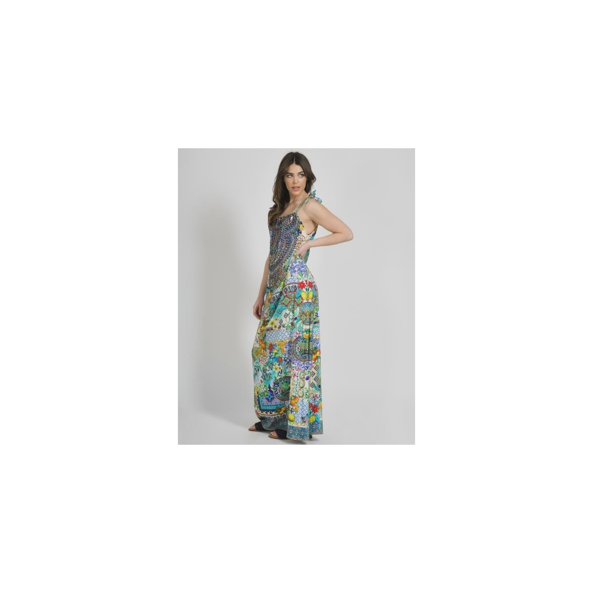 Long Sleeveless Dress Multicolor One Size ( 100% Crepe)