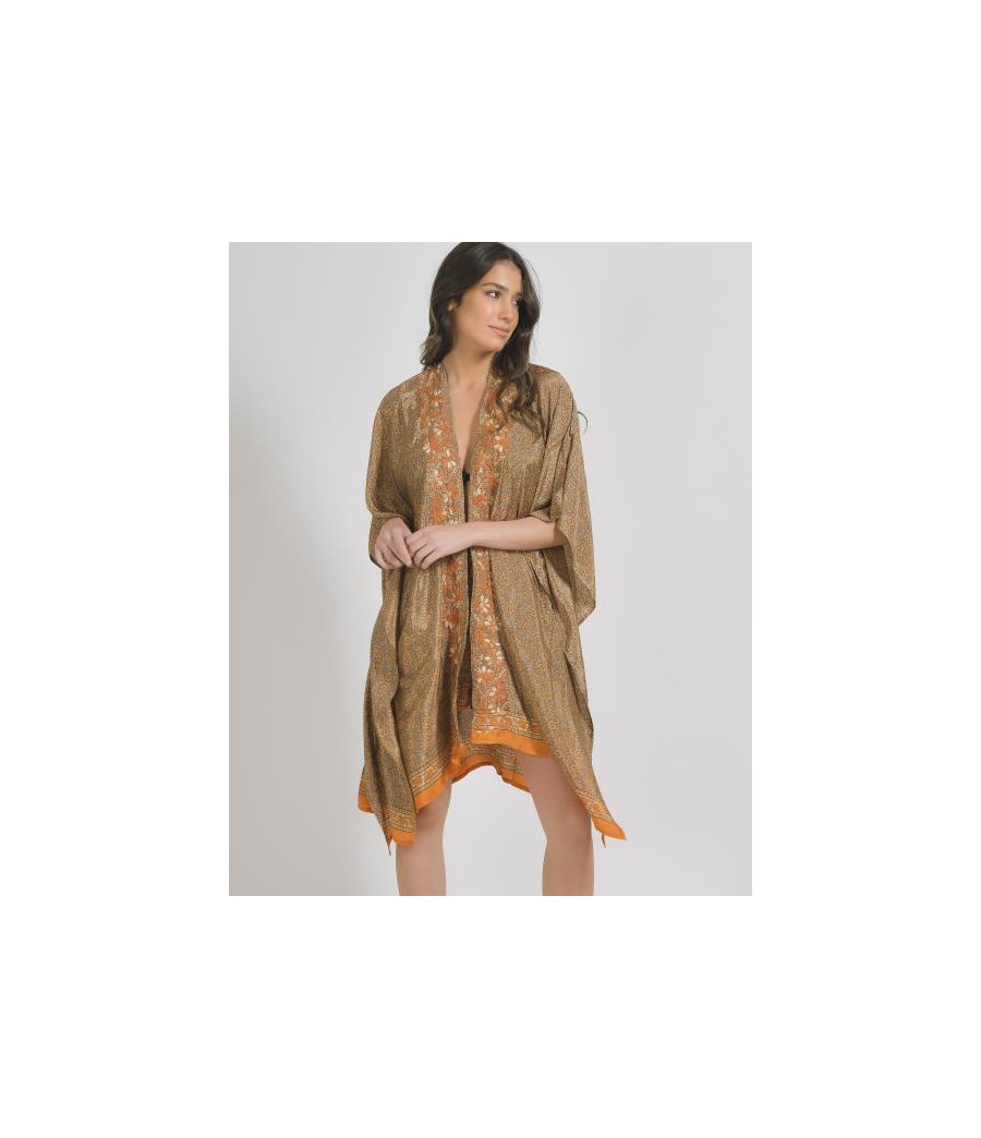 kimono colore Arancio con stampa (28%seta72%Crepe)