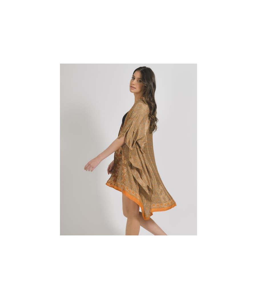 kimono colore Arancio con stampa (28%seta72%Crepe)