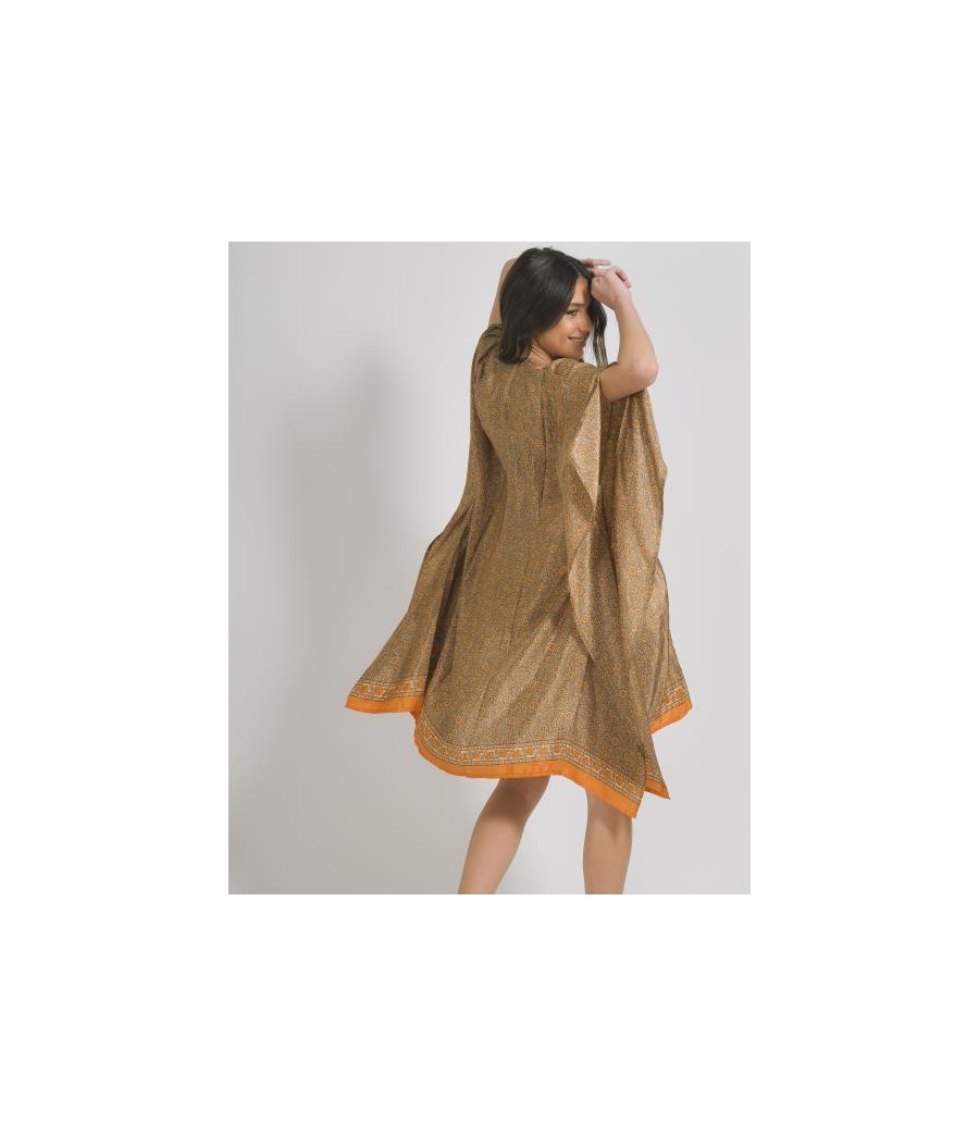 kimono colore Arancio con stampa (28%seta72%Crepe)