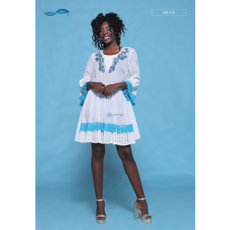 white cotton kaftan dress with lace lace and turquoise embroidery